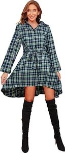 FANCYINN Womens High Low Flannel Plaid Tunic Shirt Dresses Long Sleeve Buttons Down Checkered Casual Fall Christmas Dress Blue & Green M