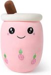 Ditucu Cute Boba Tea Plush Stuffed Bubble Tea Plushie Cartoon Soft Strawberry Milk Tea Cup Fruit Pillow Home Hugging Gift for Kids Big Eyes Pink 9.4 inch