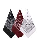 Bycc Bynn 3 Pack Pure Cotton Paisley Pattern Bandanas Face Mask Square Scarf Headwear, Black + Burgundy + White, Size: 53cm * 53cm