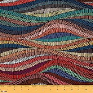Boho Fabric by The Yard Bohemian Wavy Upholstery Fabric Rainbow Embroidered Waves Decorative Fabric Geometric Tribal Ethnic Colorful Abstract Lightweight Indoor Outdoor Fabric, 2 Yards