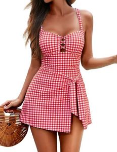 Zilcremo One Piece Swim Dress Tummy Control Swimsuit for Women,Red Plaid,M