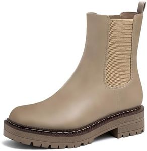 Athlefit Chelsea Boots Women Platform Ankle Boots for Women Lug Sole Round Toe Fashion Low Heel Short Booties Khaki Size 11