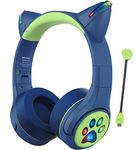 Riwbox CF9 Cat Ear Kids Bluetooth Headphones with LED Light Up,Safe 85dB Volume Limit,Built-in Mic&Boom Mic for Calls,Kids Wireless&Wired Headphones for Tablet/Airplane/School/Online Learning(Blue)