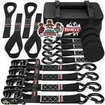 Vehiclex Heavy Duty Ratchet Strap – 1.5" x 8 ft – (4PK Black) Tie Down Straps & Soft Loops for Moving & Securing Motorcycle, UTV – Vinyl Coated Deep S-Hook & Extra Safety with Lockable Handle