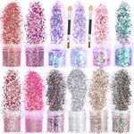 HOWAF 12 Pot Beauty Nail Glitter Sequins Powder with Brush 2pcs, Mix Holographic Glitter Sequins Powder Dust for Nail Face Eyes Body Hair 3d Nail Art Decoration