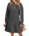 WNEEDU Womens Casual Crew Neck Pullover Sweatshirts Dress Long Sleeve Ruffled Sweatshirt Mini Dresses, Dark Grey XL