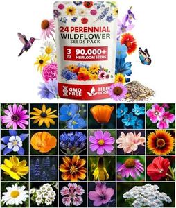 HOME GROWN 90,000+ Wildflower Seeds - Bulk Perennial Wild Flower Seeds Mix - 3oz Flower Garden Seeds for Attracting Bees, Birds & Butterflies - 24 Variety Plant Seeds for Outdoor Garden