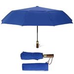 ECOHUB Travel Umbrella Windproof Strong With Compact Foldable, Automatic Open/Close, 10 Sturdy Ribs, Recycled PET Fabric, Wooden Handle & Ventilated Waterproof Canopy - Anti-Lost Sleeve, Royal Blue