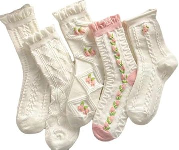 5 Pairs White Cute Socks, Women's Lace Ruffles Ankle Casual Sock, Cottagecore Breathable Mid Tube Socks, Floral Crew Socks, White, One size