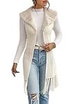 WDIRARA Women's Fringe Open Front Fur Long Vest Cardigan Faux Fur Collar Textured Sleeveless Cardigan Sweaters, Apricot, X-Small