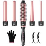 5 in 1 Curling Iron,Curling Wand Set with Curling Thermal Brush&4 Interchangeable Ceramic Curling Wand(0.4"-1.25"),Long Lasting Curls Hair Iron Crimper, Instant Heat Up Hair Curler with Glove&2 Clips