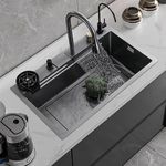 CROCODILE Nano Black Single Bowl Smart Kitchen Sink, 304-Grade Stainless Steel, 24x18x9 inches, Matt Black Finish, with Integrated Waterfall, Cup Washer, Drain Basket, RO Tap and Pull Out Faucet