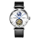 Guanqin Men Analog Automatic Self Winding Mechanical Skeleton Wrist Watch with Leather Band and Moon Phase (Silver White Black)