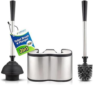 UMIEN Toilet Brush and Plunger Set 18-in - Updated 2025 No-Rust - Stainless Steel Design - Long Handles - with Freestanding Canister - Modern Bathroom Cleaning Plunger Brush Combo
