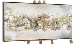 YS-Art Acrylic painting in frame Lucky line Hand-painted textured artwork with gold in grey black color Wall art for living room Home decor 48x24 inch