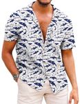 COOFANDY Men's Hawaiian Floral Shirts Cotton Linen Button Down Tropical Holiday Beach Shirts, A- Navy Shark, Medium