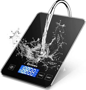 Drcowu Balance de Cuisine Electronique 15kg, Pèse Alimentaire Numérique de Précision 1g en Verre Renforcé Étanche, Écran LCD Rétroéclairé, 5 Unités de poids en grammes/onces etc., Bouton tactile, Noir