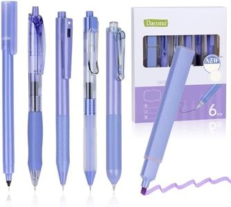 Dacono Pack of 6 Gel Pens Rellighter Set de Escritura de Resaltador, Bolígrafos de Gel Negro Retráctil con 1 Resaltador, Estilo Púrpura de Flores - Bolicón 0.5 mm Perfecto para Estudiantes
