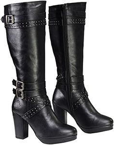 Milwaukee Leather MBL9422 Women's Tall Black Studded Strap Fashion Casual Boots with Platform Heel - 6