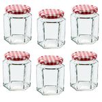 Offer Shop Glass Jam Jars with Red Gingham Lid & Labels - 280ml / 9oz Hexagonal Storage Glass Jars | Clear Airtight Jar for Kitchen Spices Honey or Sweets - 6 Set