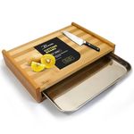 Bmado Homefull Wooden Cutting Board with Tray - Bamboo Chopping Board with Stainless Steel Pull Out Sliding Drawer Pan Tray Container(32 x 22 x 6 cm)