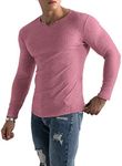 Muscle Cmdr Men's Henley Long Sleeve T-Shirt Slim Fit V Neck Shirts Stretch Tee Casual Underwear Athletic Medium Weight Pink S