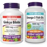 Webber Naturals Ginkgo Biloba 6000 mg, 180 Softgels, Helps Enhance Cognitive Function and Memory & Omega-3 Fish Oil 1,000 mg, 210 Softgels, Supports Cardiovascular Health and Brain Function