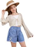 Milumia Girl's Tie Front Crochet Cardigan Hollow Out Long Sleeve Knit Crop Cover Up Top Beige