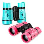 2 Pieces Binoculars for Bird Watching 3-12 Years Boys Girls 5 x 30 Resolution Binocular Compact Shockproof Waterproof Toys for Hiking, Outdoor Games, Hunting, Camping, Outside Play, Lake Blue and pin