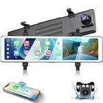 Mirror Dash Cam Backup Camera with Wireless Apple Carplay/Android Auto,Podofo 11.26" 1080P HD Front and Rear for Car Parking Monitor with Loop Recording/FM Transmitter/Night Vision+Backup Camera