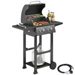 Outsunny 2 Burner Propane Gas Grill with Wheels, 18,400 BTU BBQ Grill, Portable Natural Gas BBQ with Foldable Side Shelves, Bottom Rack, Warming Rack, Thermometer, Black