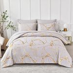 Yogeneg Gold Metallic Marble Comforter Set Queen Size,7 Piece Bed in a Bag,Foil Print Glitter Grey Comforter and Sheet Set,All Season Soft Microfiber Complete Bedding Sets(Grey,Queen)