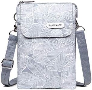 Canvas Small Crossbody Bags Cell Phone Purse Wallet Shoulder Bag for Women Teen Girls, A-grey Leaves Pattern, Small
