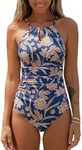 CUPSHE Women's One Piece Swimsuit High Neck Tummy Control Swimwear Bathing Suit, Dark Blue / Floral, Medium