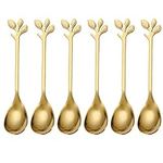 PIVHWIR Mini Espresso Spoon, Coffee Spoon with Leaf Handle, Dessert Teaspoons Small Soup Spoons, Stainless Steel 4.72 inch Stirring Spoons (6 Pcs,Gold)