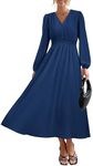 PRTTYGARDEN Womens Long Sleeve Maxi Dress 2024 Fall Trendy Elegant V Neck High Waist Flowy Wedding Guest Formal Long Dresses (Dark Blue,Small)