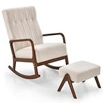 COSTWAY Leisure Rocking Chair and Footstool Set, Upholstered Accent Armchair with Solid Wood Legs and Ottoman, Modern High Back Relax Reclining Lounge Rocker for Living Room Bedroom Nursery (Beige)