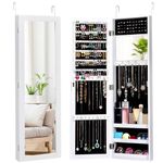 HAPPYGRILL Jewelry Armoire, Cosmetics Storage Organizer w/Full-Length & Inner Makeup Mirror, Wall/Door Mounted Jewelry Cabinet w/Earring Shelves, Ring Slots, 25 Necklace & Bracelet Hooks (White)