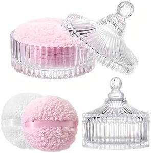 AmeLeis Extra Large Dusting Powder Puff and Container, 6 Inch Washable Powder Puff for Body Powder, Glass Powder Container with 2 Puff for Women, Clear