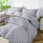 Sophia Willam Duvet Cover King Size Boho Tufted Grey, King Bedding All Season Comforter Cover, 3 Pieces Embroidery Shabby Chic Bedding, 1 Duvet Cover with 2 Pillow Shams(Grey, King, 108×92)