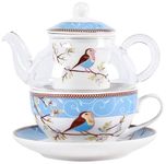 YBK Tech Glass Teapot with a Porcelain Infuser Strainer, Happy Bird Pattern Cup and Saucer Set, Teapot and Teacup for One (Blue)