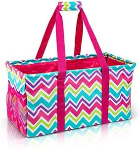 Lucazzi Extra Large Utility Tote Bag - Oversized Collapsible Reusable Wire Frame Rectangular Canvas Basket With Two Exterior Pockets For Beach, Pool, Laundry, Car Trunk, Storage - Chevron Multi