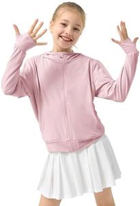 Rolanko Girls Zip Up Hoodie Sweatshirt with Thumb Holes, Sun Protection Clothing for Kids Athletic Jacket with Pockets (Pink, 5-6 Years)
