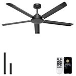 Ohniyou 60'' Ceiling Fan without Lights, Large Industrial Ceiling Fan No Lights, Remote & APP Control, 5 Aluminum Blades, DC Motor, Outdoor Fans for Shop Patio Garage, Black