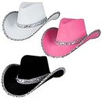 A2ZFD Pack of 3 x Adult Ladies Texan Cowboy Hats (1 x Pink Sequin + 1 x White Sequin + 1 x Black Sequin) : Wild West Cowgirl Hen Night Fancy Dress Accessory,L