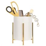 LOUIE SILNA Ceramic Pen Holder with Stable Metal Bracket,Cute Round Pencil Cup Pen Pot for Kids Girls Desk Organizer Makeup Brush Holder (white and gold 1pcs) Large