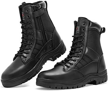 WIDEWAY Men's 8'' Inch Military Tactical Boots Full Grain Leather Police Duty Water Resistant Boots with Side Zipper, Black