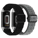 TOYOUTHS 2 Packs Compatible with Fitbit Charge 5/Charge 6 Bands for Women Men Adjustable Elastic Woven Nylon Strap Solo Loop Sport Bracelet Wristband for Charge 6/Charge 5 Watch, Black+Storm Gray