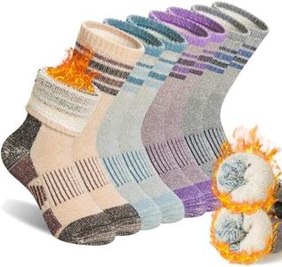 SeeyAN Kids Merino Wool Hiking Socks Boys Girls Thermal Winter Warm Boot Toddlers Thick Cushion Socks 4 Pairs (4 Pairs Grey Stripe B, 8-12 Years)