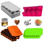 DHONI Large Superior Silicone Flexible Ice Cube Trays, Non-stick and durable Perfect for Chilled Drinks,Coffee, Soups, Frozen Food and Many More. (PACK of 4 - SQUARE+HEX+HEART+OVAL)